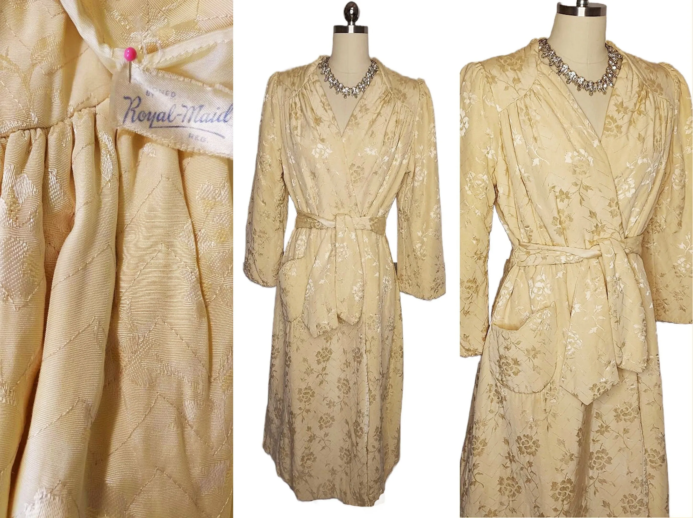 *  VINTAGE 1940S / 1950S ROYAL MAID JACQUARD BROCADE QUILTED DRESSING GOWN/ROBE IN GOLD DUST