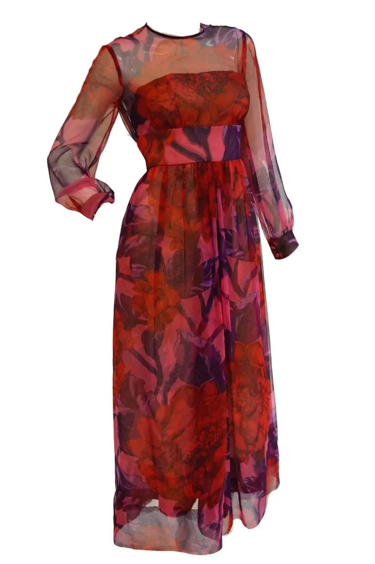 1960s Dynasty Sheer Raspberry Silk Floral Evening Dress