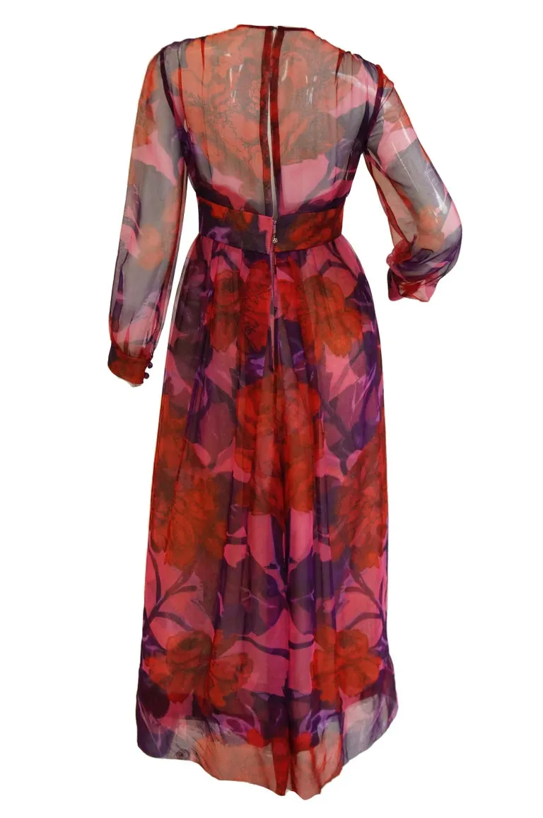 1960s Dynasty Sheer Raspberry Silk Floral Evening Dress