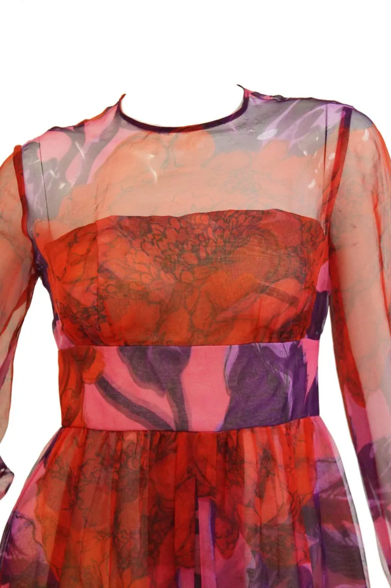 1960s Dynasty Sheer Raspberry Silk Floral Evening Dress