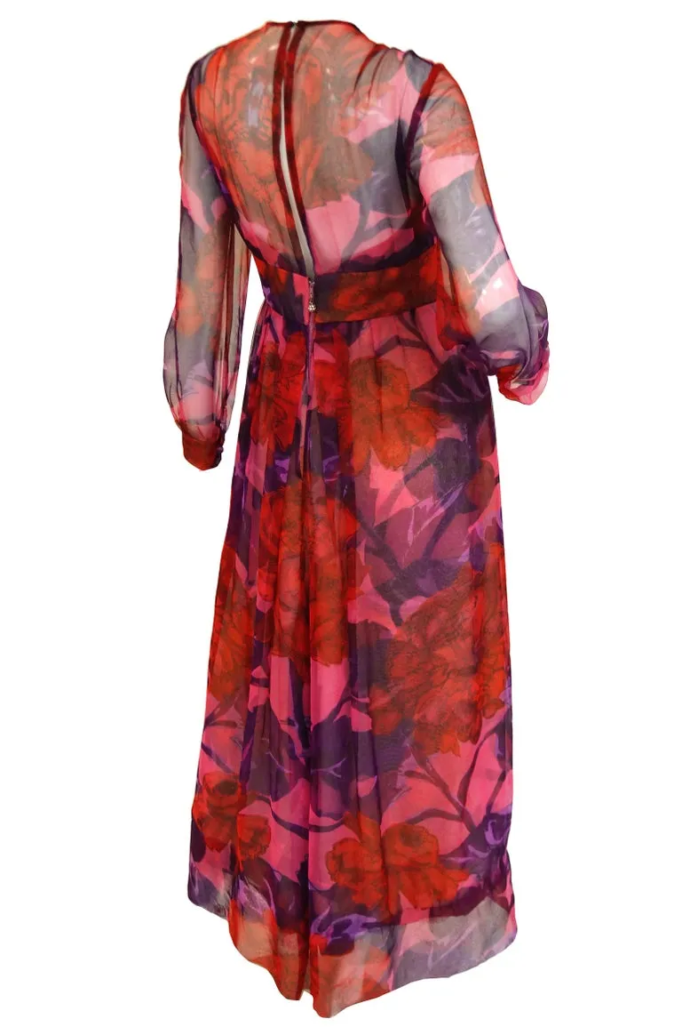 1960s Dynasty Sheer Raspberry Silk Floral Evening Dress