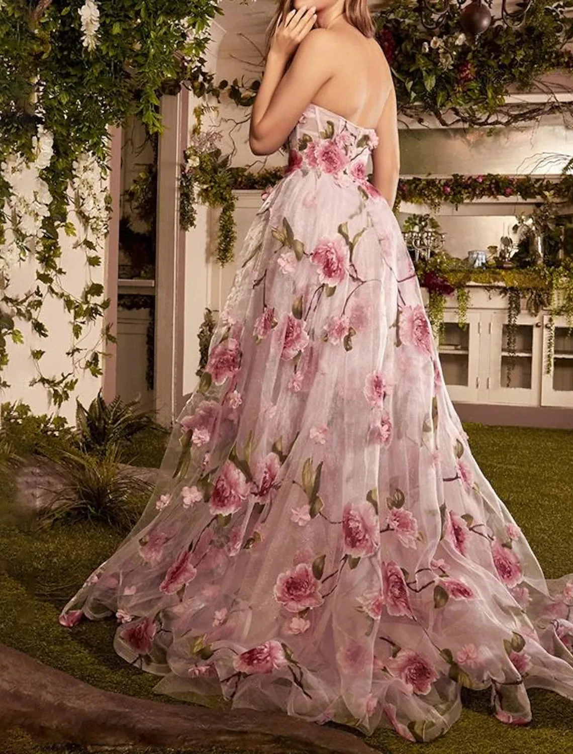 A-Line Prom Dresses Floral Dress Wedding Guest Wedding Party Court Train Sleeveless Strapless Organza with Slit Appliques