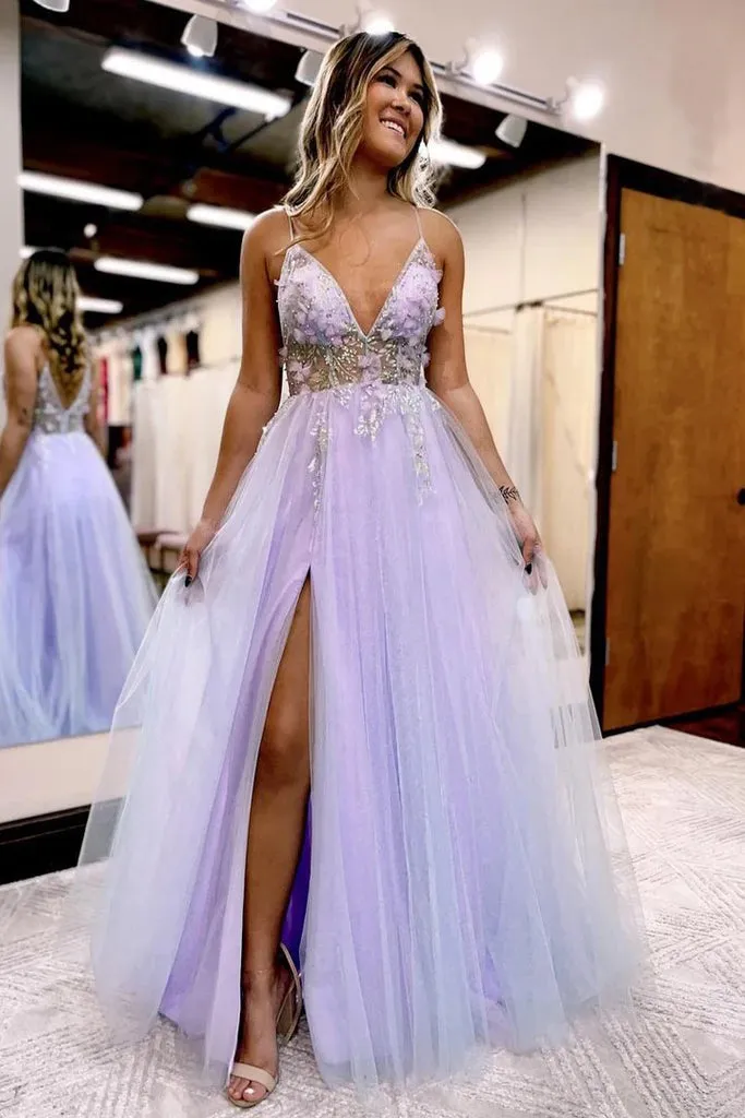 A-line Spaghetti Straps Slit Tulle V-Neck Prom Dresses