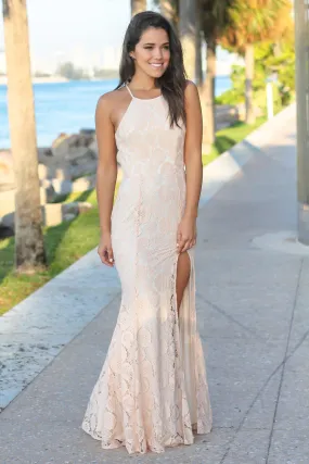 Blush Lace Maxi Dress with Open Back and Side Slit