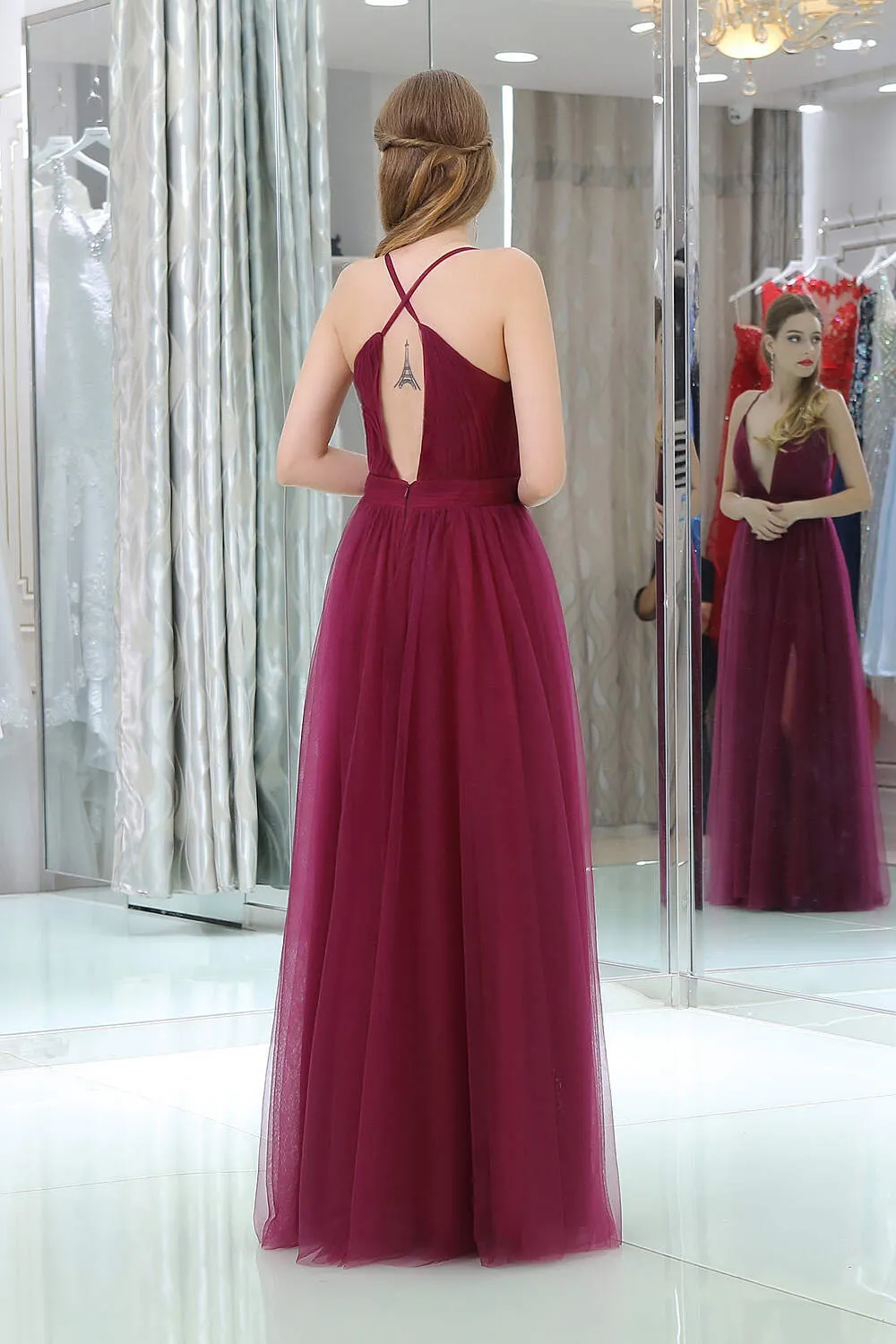 Burgundy A Line Floor Length Deep V Neck Sleeveless Side Slit Prom Dresses