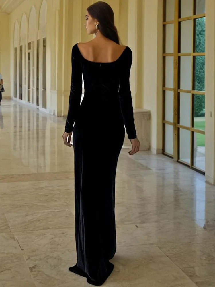 Charming Velvet Long Sleeves Mermaid Black Prom Dresses with Slit