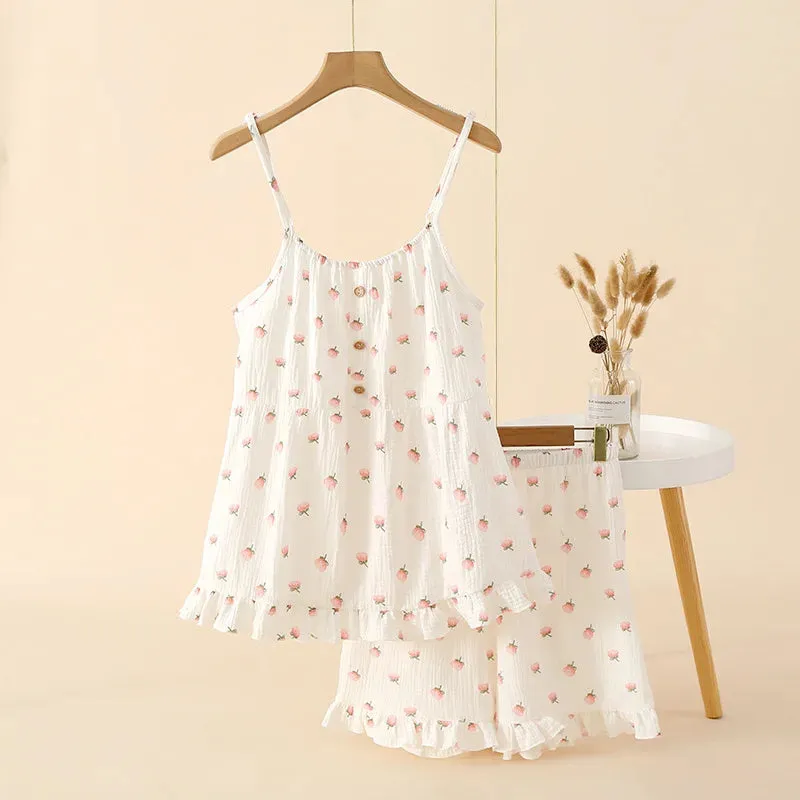 Cotton Nightwear Breathable Pajama Set with Ruffle Detail