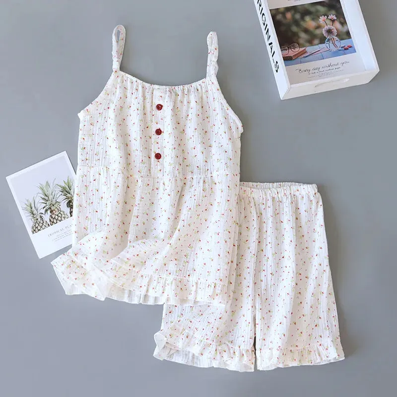 Cotton Nightwear Breathable Pajama Set with Ruffle Detail