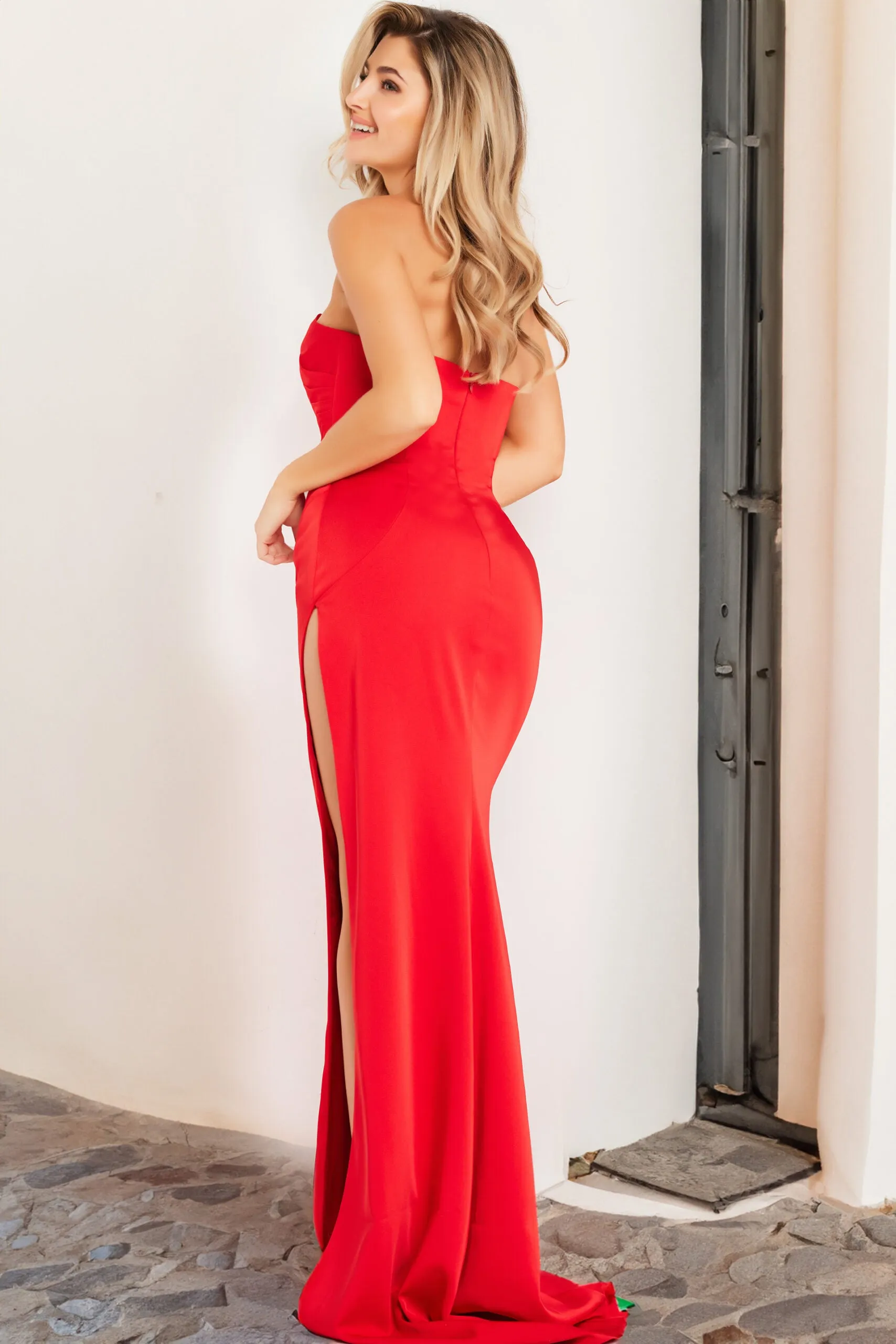 Crepe Fitted Strapless Slit Gown by Jovani 26166