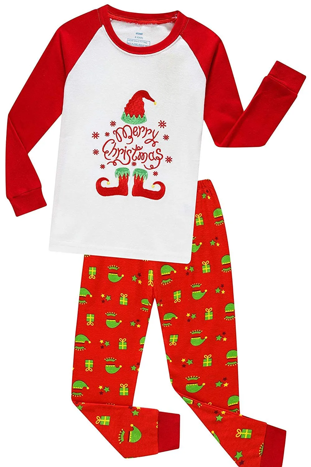 Elowel Family Matching Christmas Pajamas - his and hers christmas pajamas -Red & Green  2-Piece PJ Set 100% Cotton