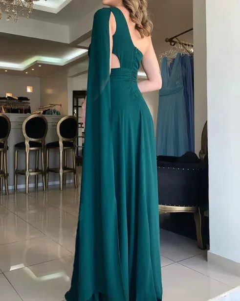 Emerald Green Chiffon Bridesmaid Dresses Wedding Guest Party Dresses One Shoulder With Slit