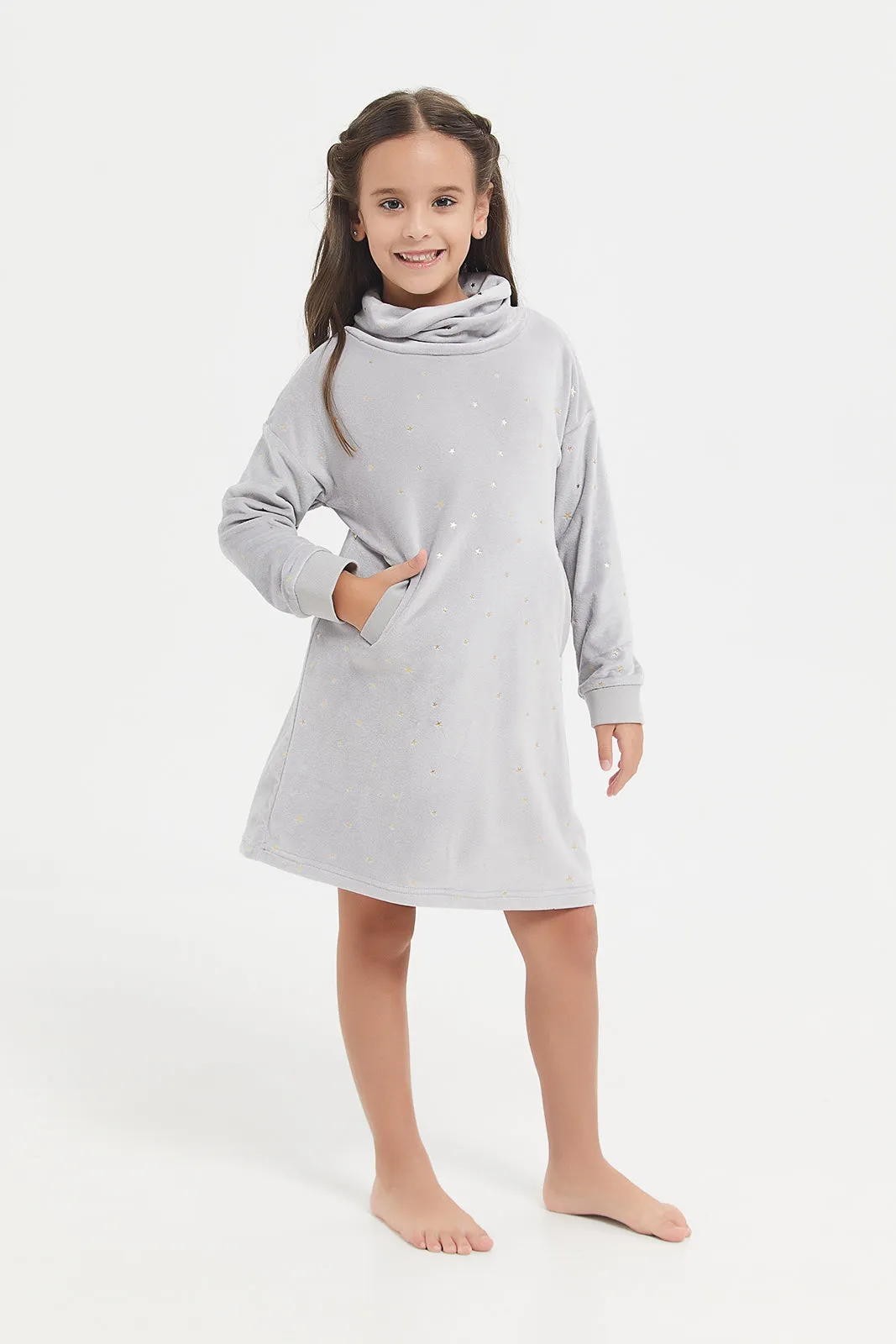 Girls Grey Printed Fleece Nightshirt