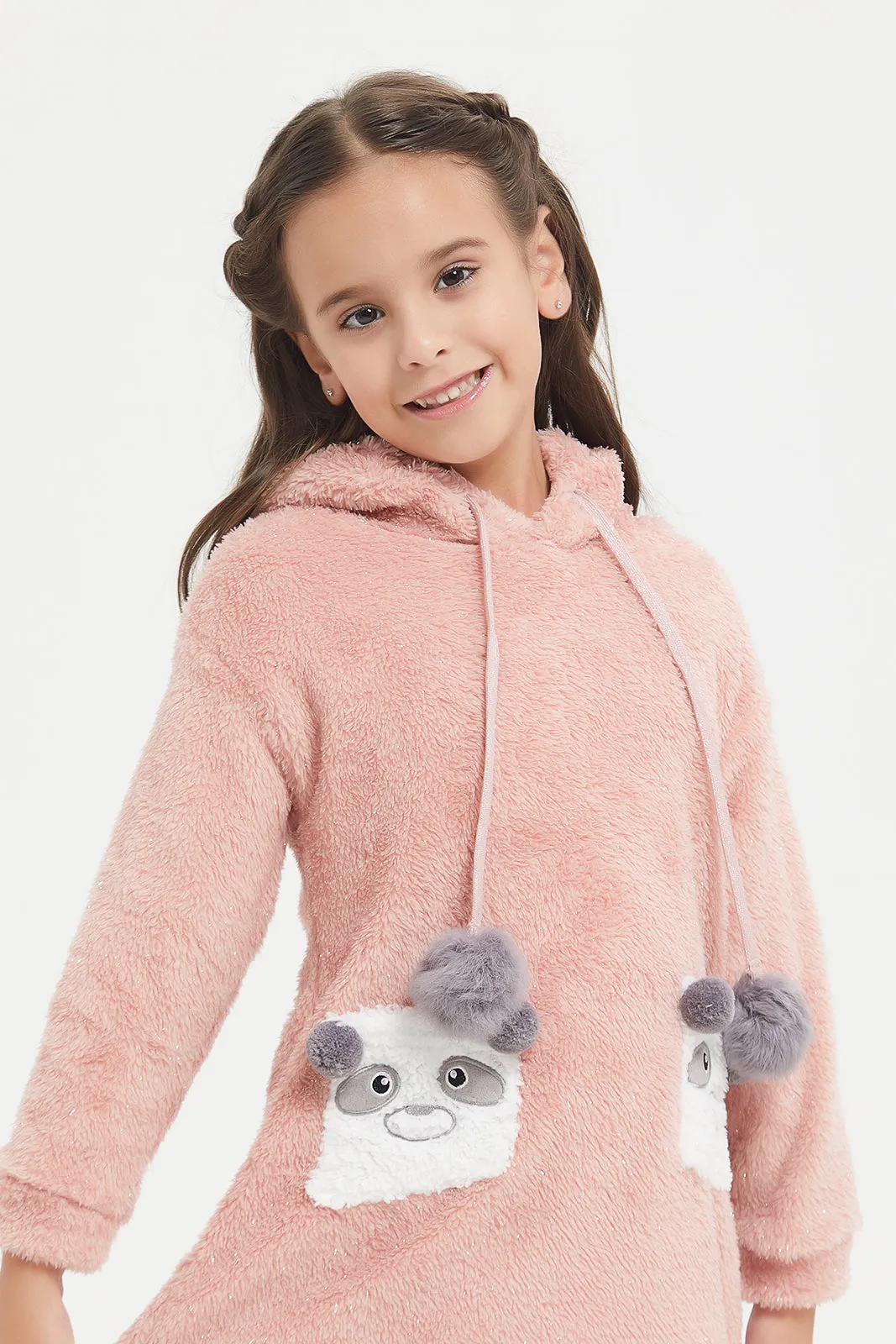 Girls Pink Lurex Fleece With Bear Pocket Nightshirt