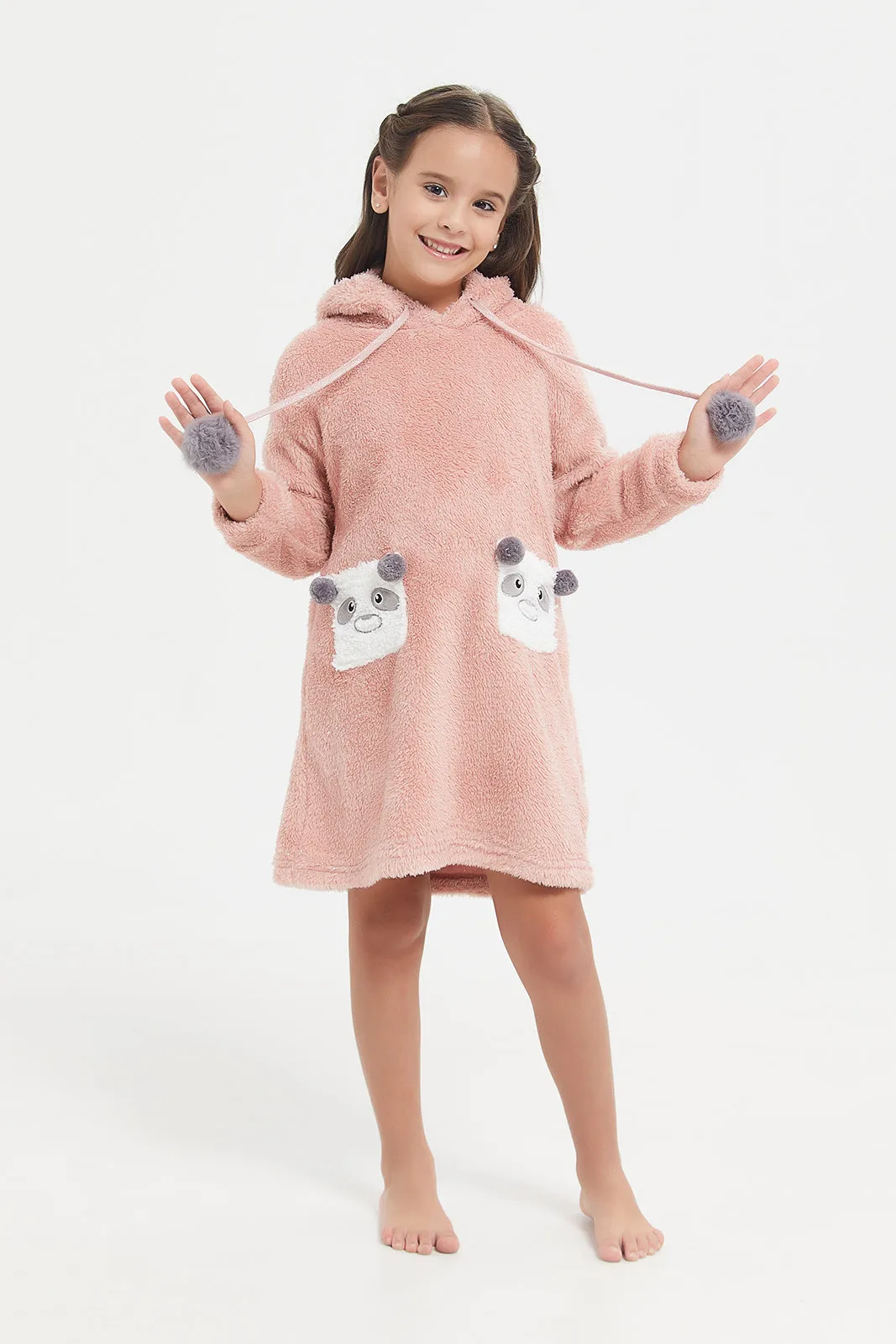 Girls Pink Lurex Fleece With Bear Pocket Nightshirt