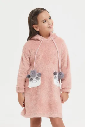 Girls Pink Lurex Fleece With Bear Pocket Nightshirt