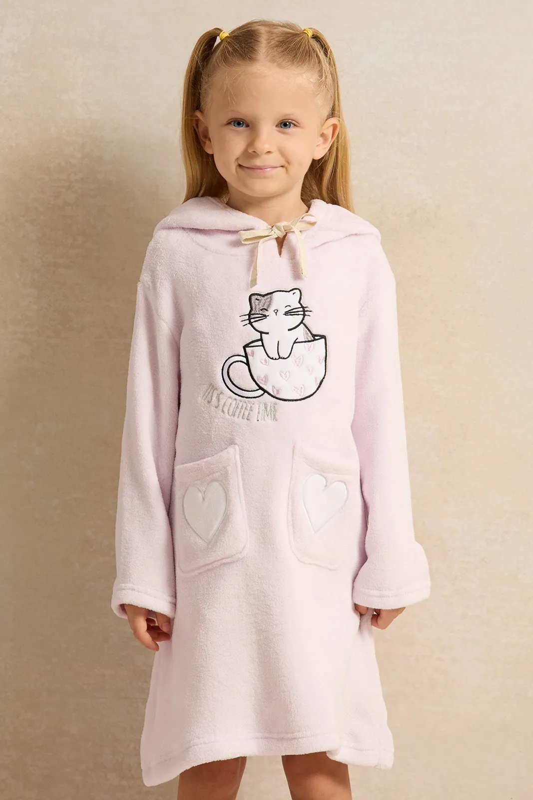 Girls Pink Printed Hooded Nightshirt