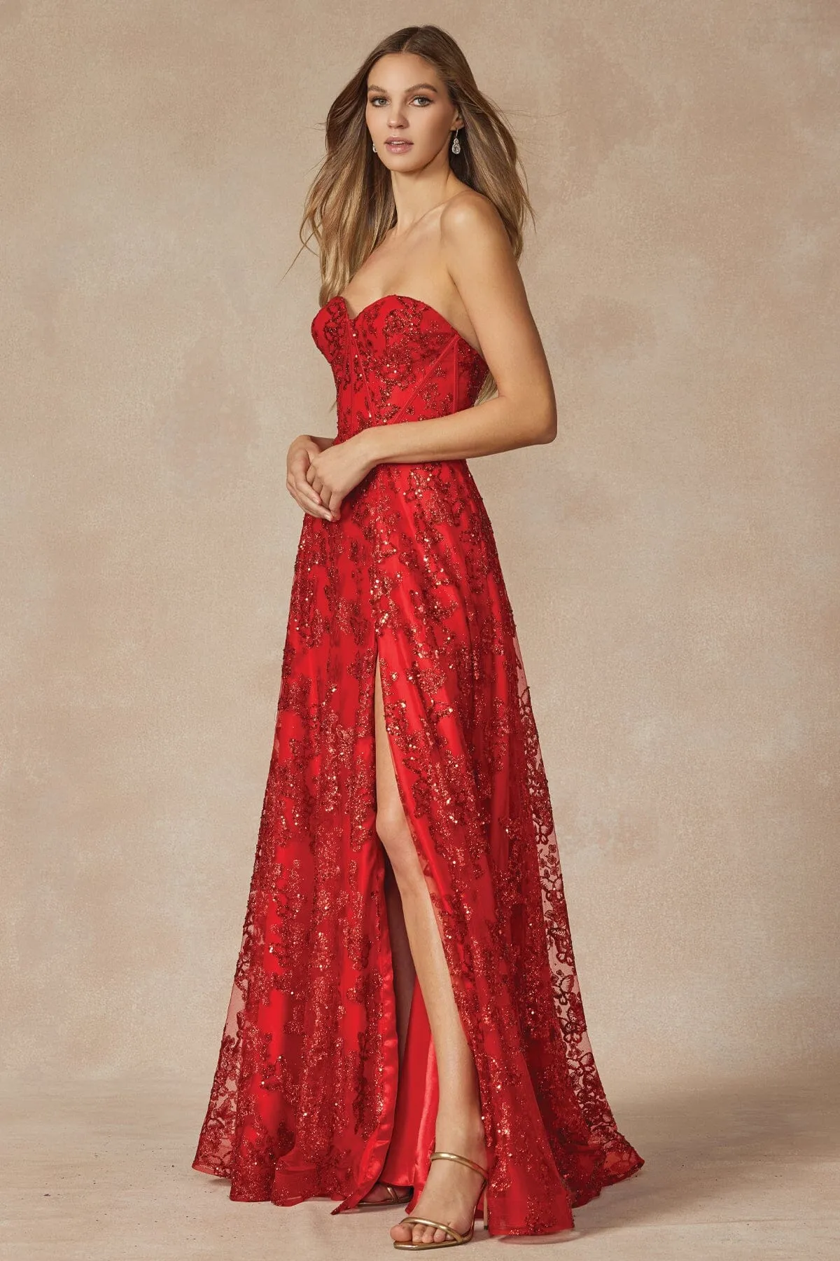 Glitter Print Long Strapless Slit Dress by Juliet 2403