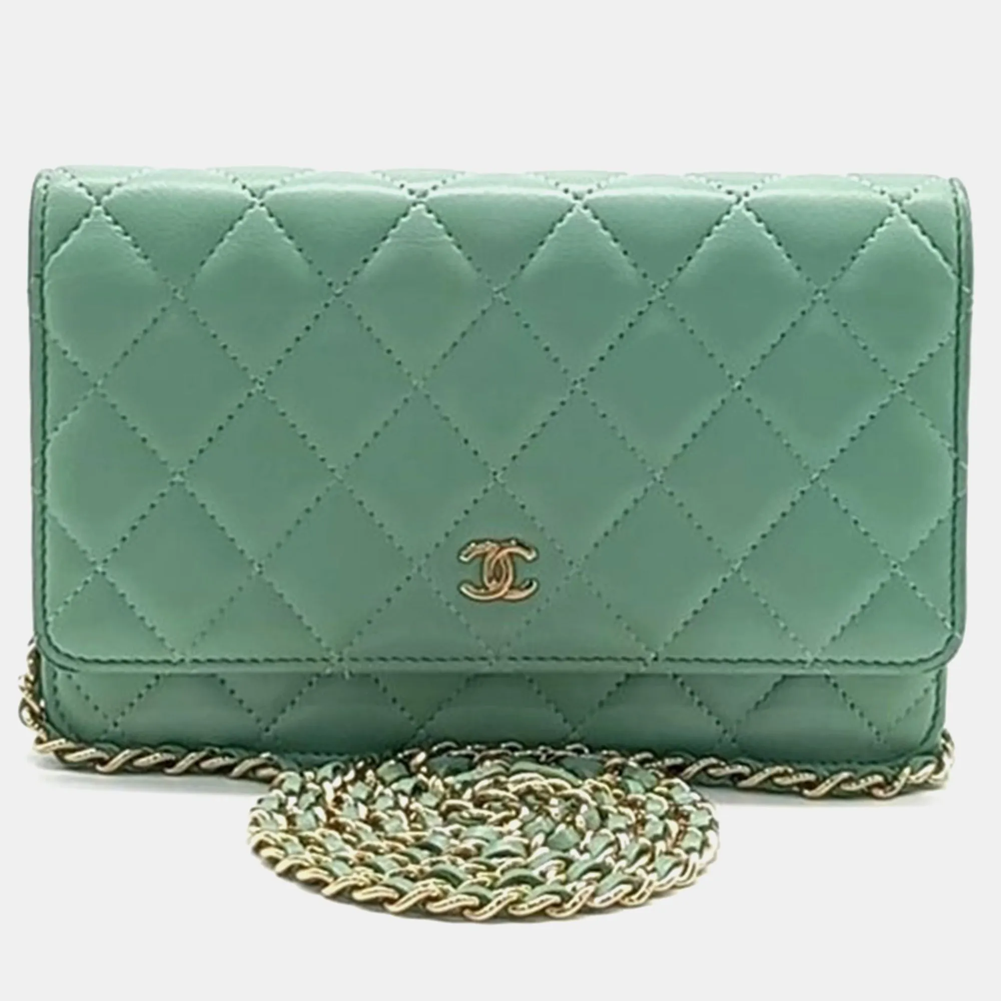 Green Leather Classic Quilted Wallet On Chain Crossbody Bag