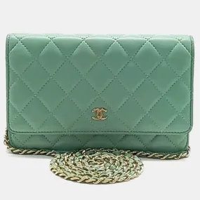 Green Leather Classic Quilted Wallet On Chain Crossbody Bag