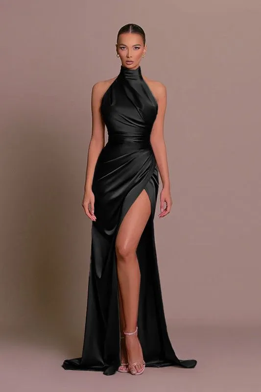 halter neck slit slim dress