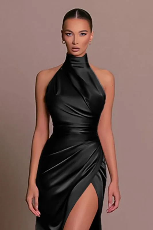 halter neck slit slim dress