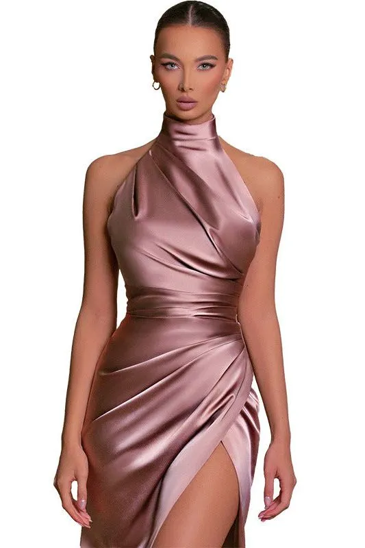 halter neck slit slim dress