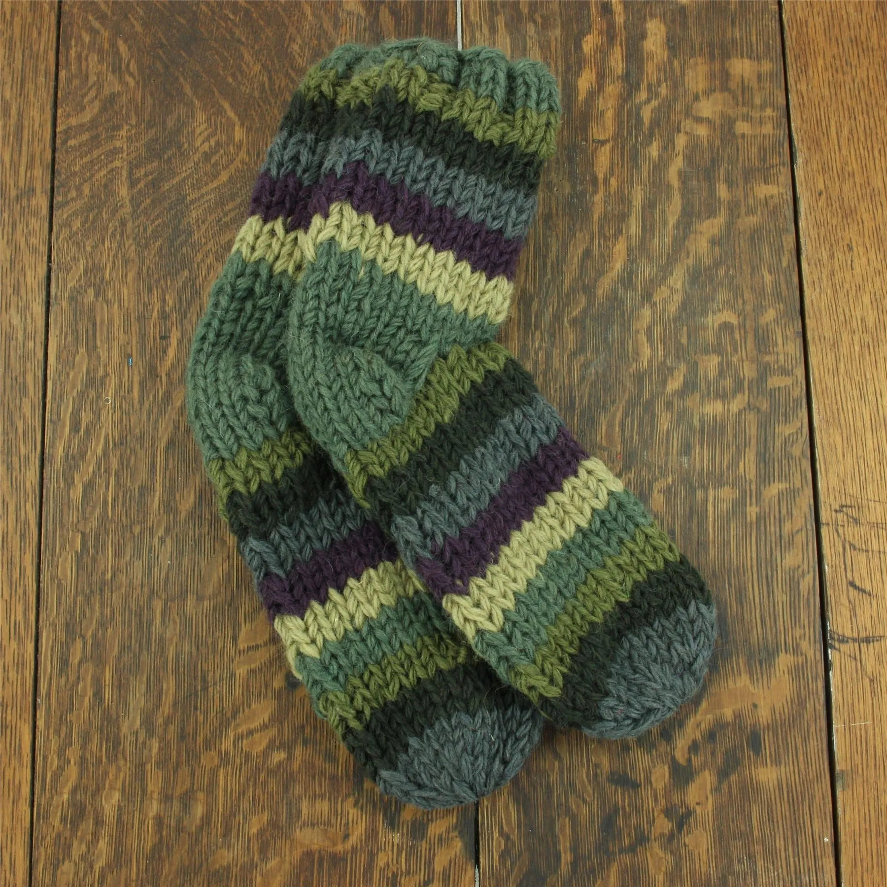 Hand Knitted Wool Ankle Socks - Stripe Green Blue