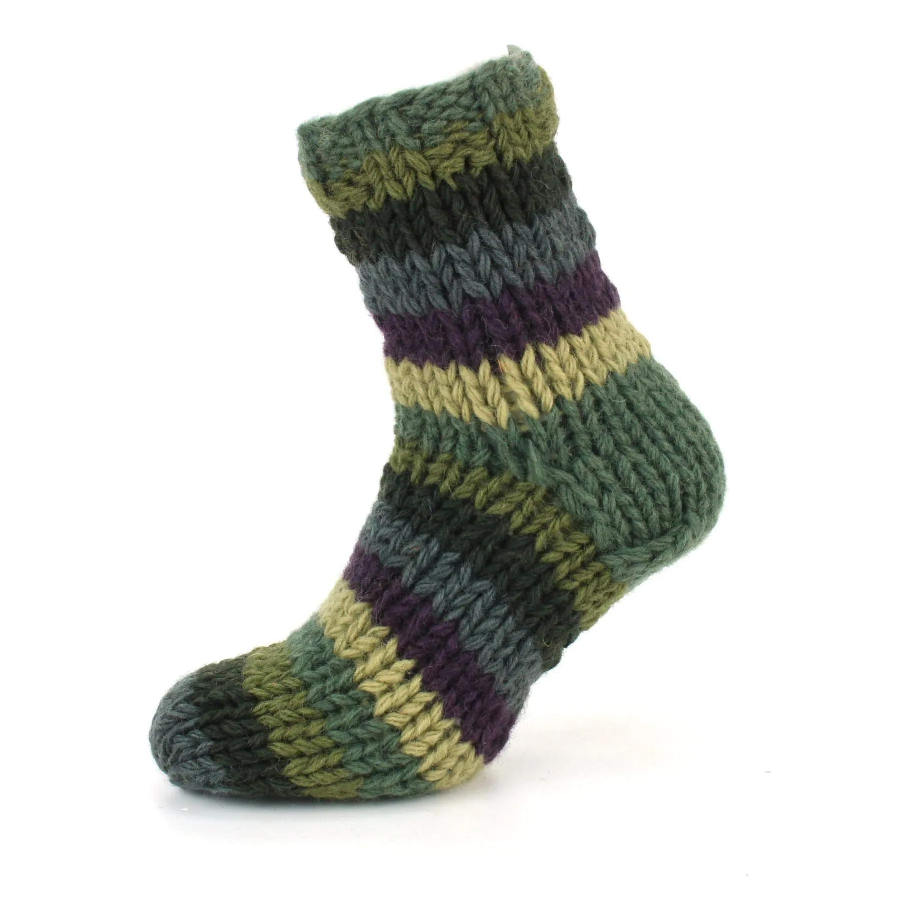 Hand Knitted Wool Ankle Socks - Stripe Green Blue