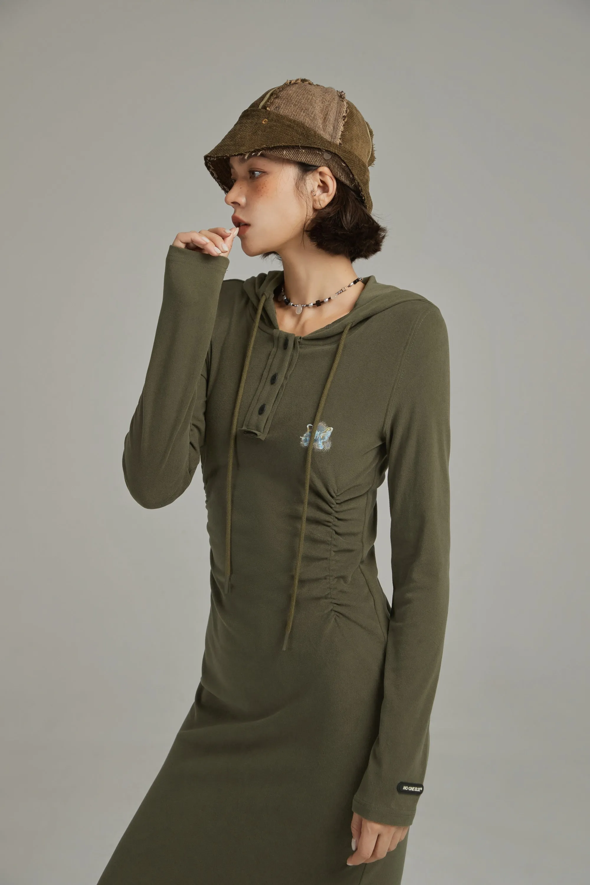 Hooded Shirring Slit Long Dress