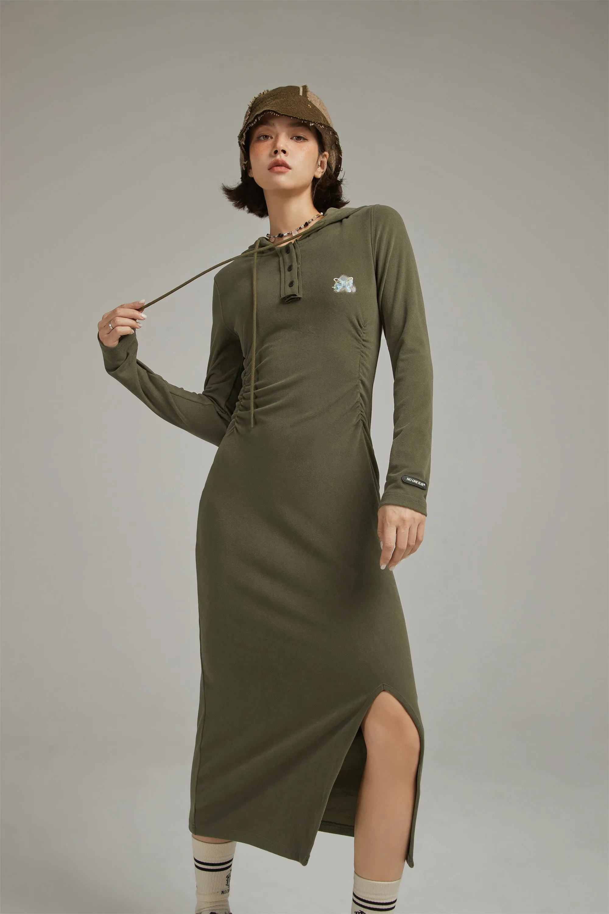 Hooded Shirring Slit Long Dress