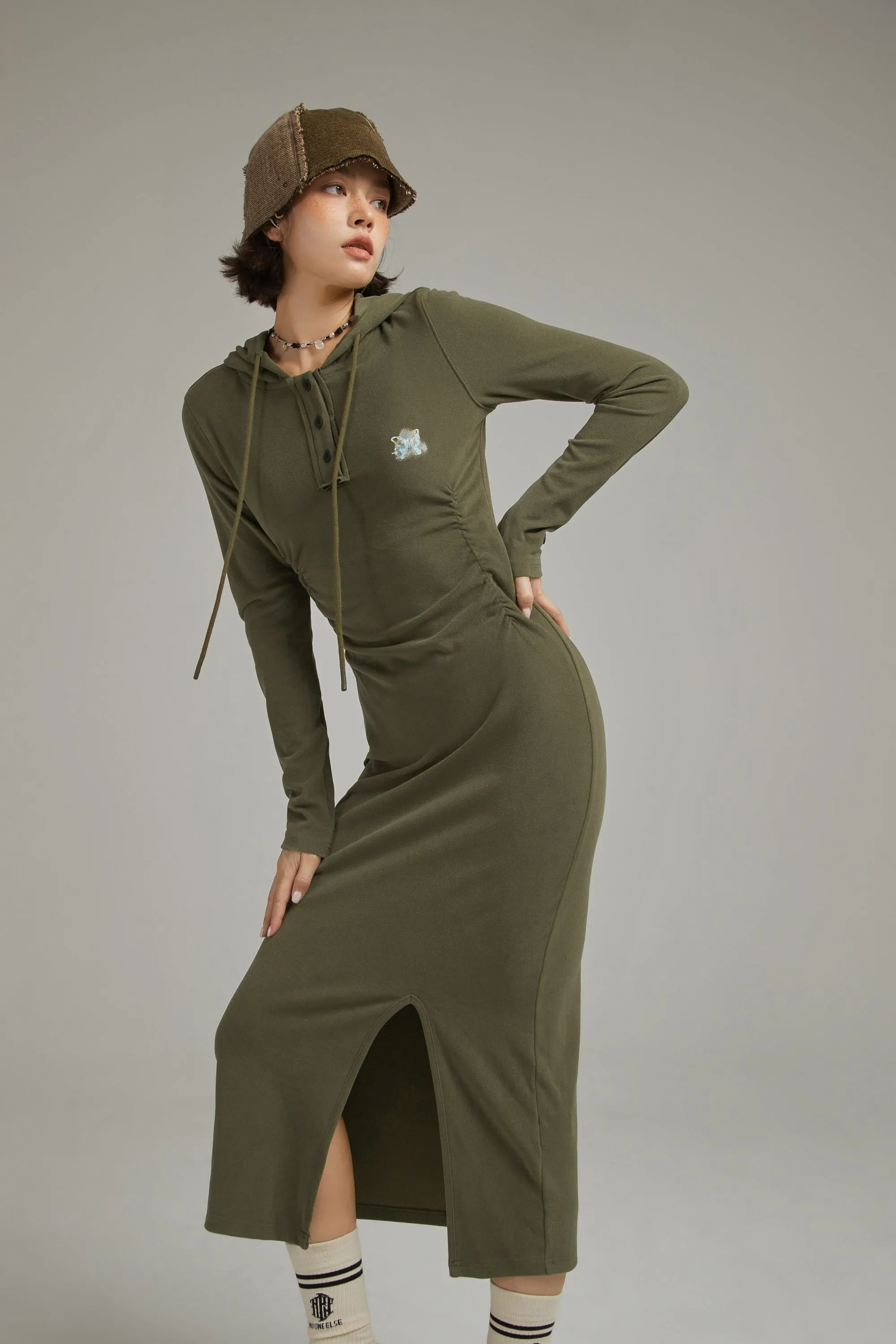 Hooded Shirring Slit Long Dress