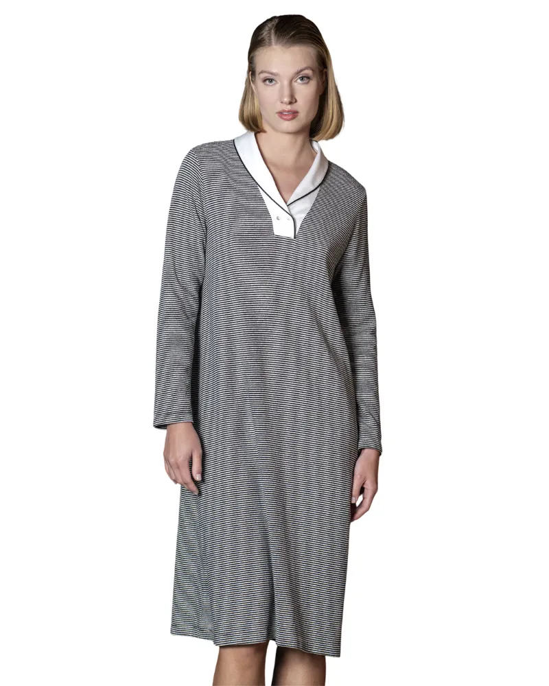 Iora Lingerie Black & White Striped Shawl Collar Pull On Fleece Nightshirt