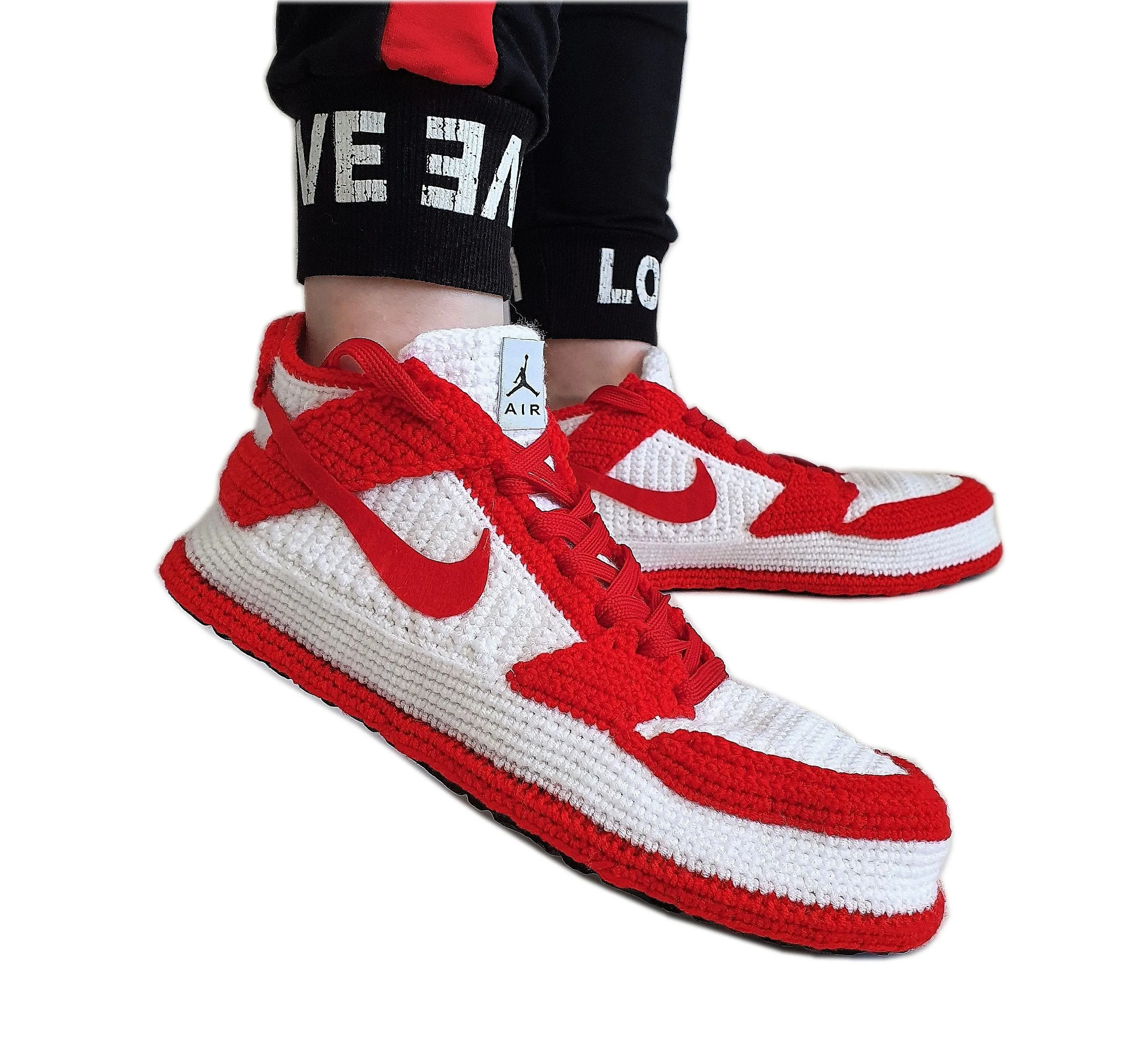 Jordan Dunk Low Retro Red Sneakers Handmade Crochet Home Slippers Plush