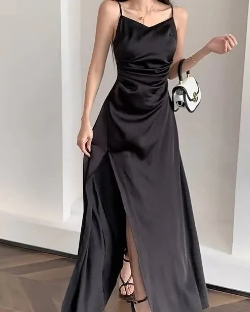 kamahe Spaghetti Straps Black A Line Satin Long Prom Dresses With Slit