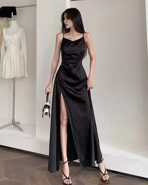 kamahe Spaghetti Straps Black A Line Satin Long Prom Dresses With Slit