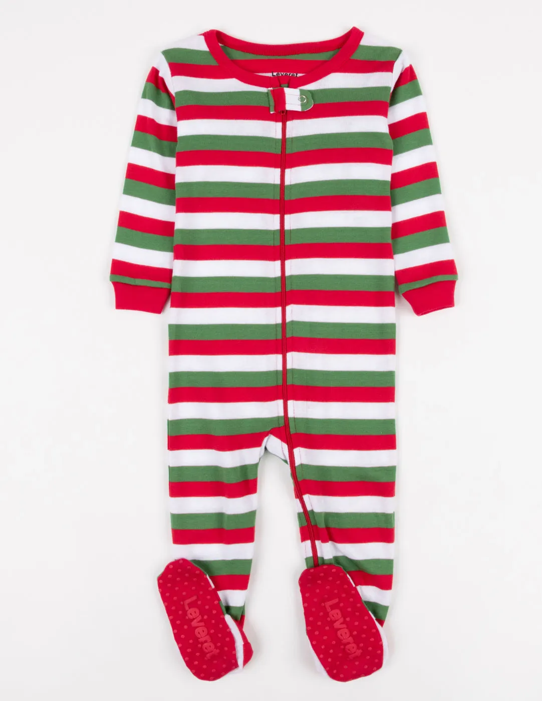 Kid's Footed Red White & Green Stripes Cotton Pajamas