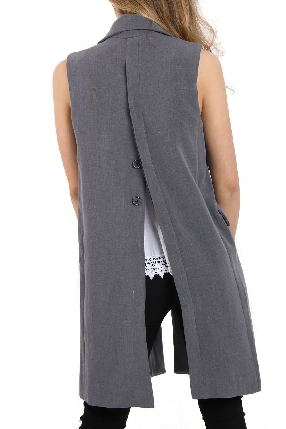 Longline Sleeveless Waistcoat with Split Buttons Back Detail