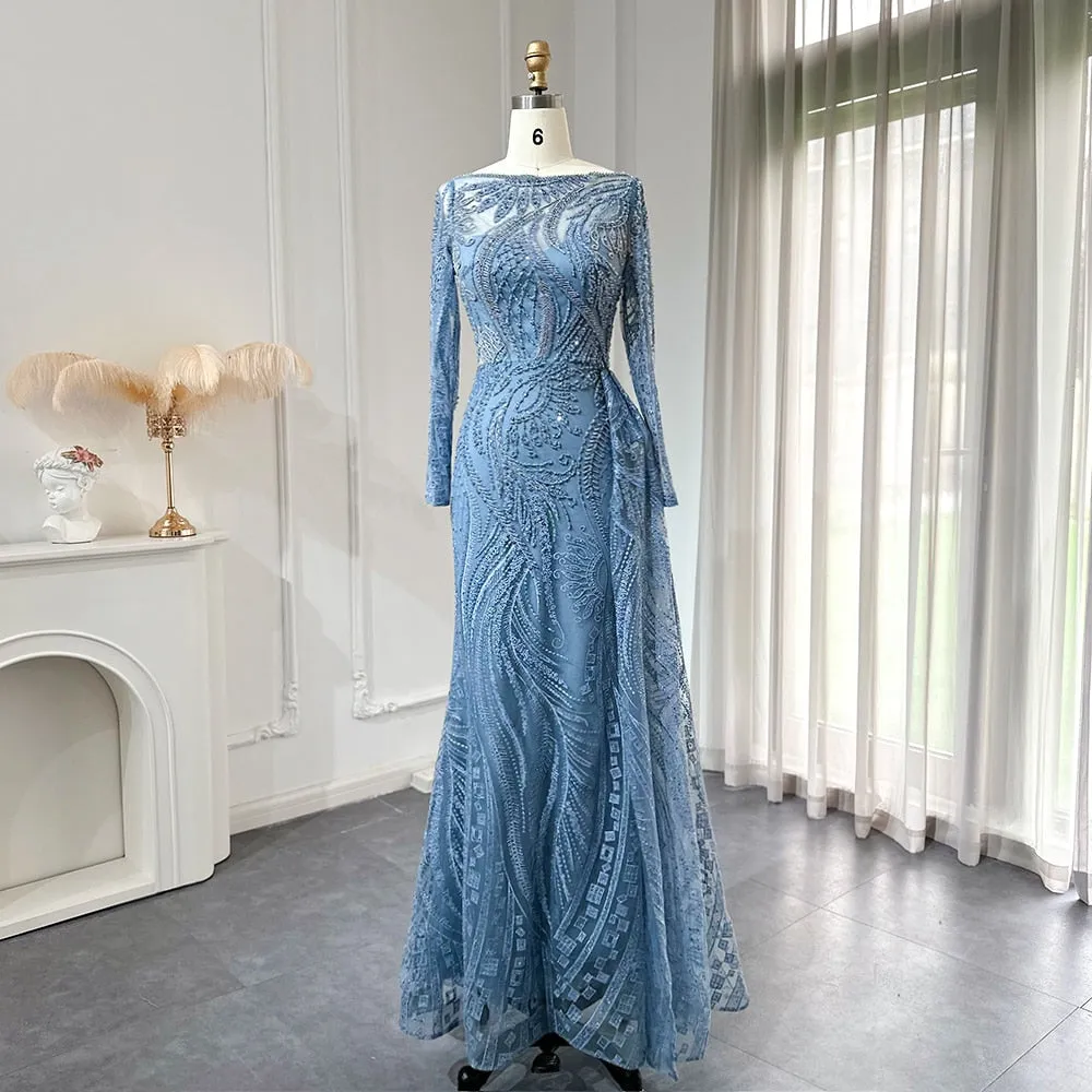 Luxury Blue Long Sleeves Evening Dress with Overskirt SS141