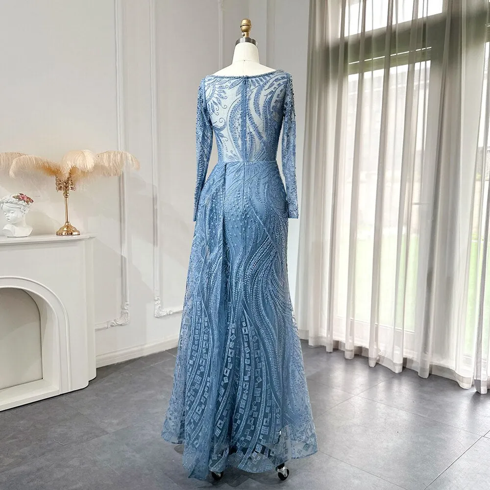 Luxury Blue Long Sleeves Evening Dress with Overskirt SS141