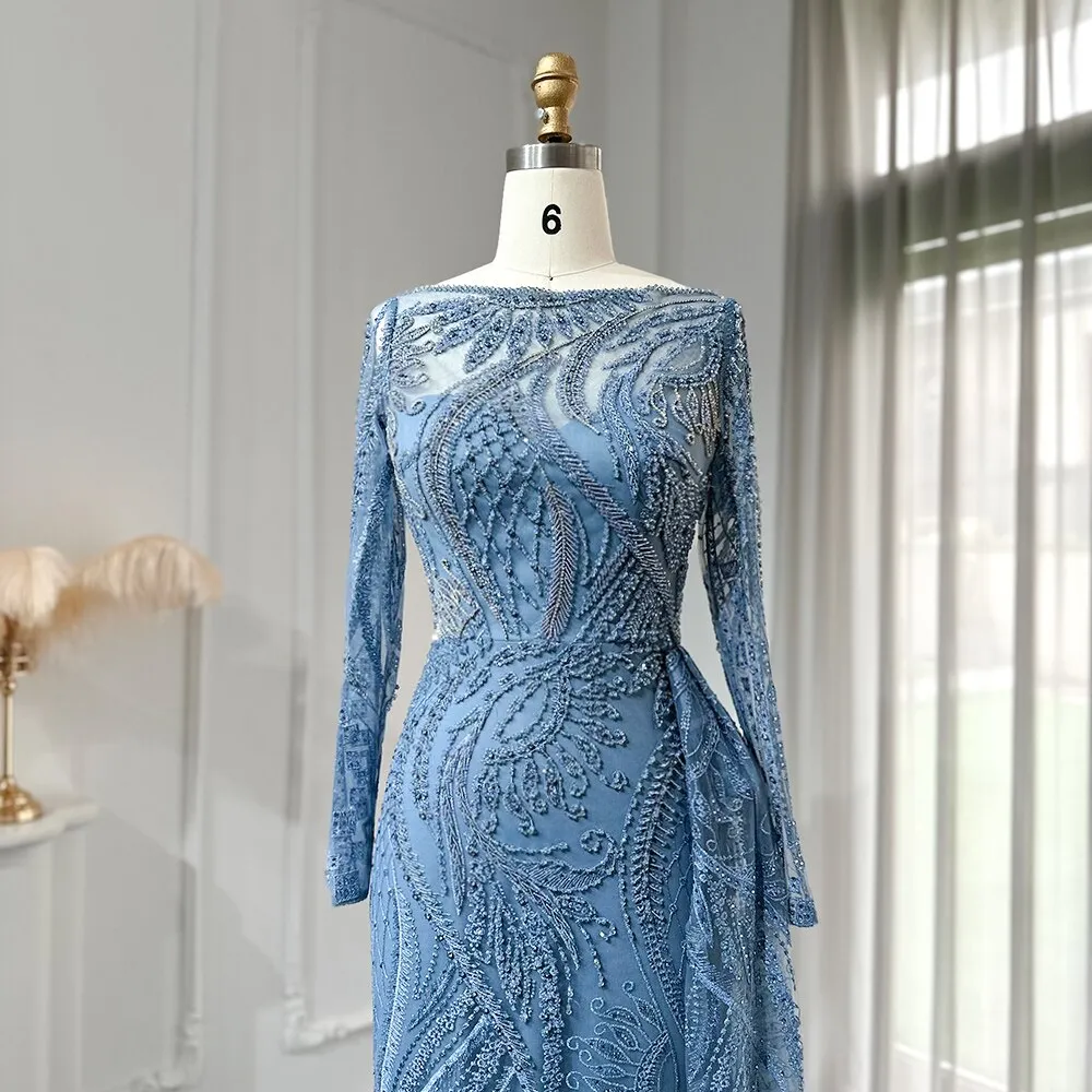 Luxury Blue Long Sleeves Evening Dress with Overskirt SS141