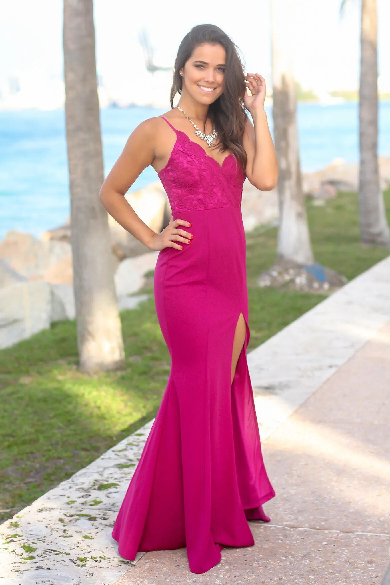 Magenta Sleeveless Crochet Top Maxi Dress with Side Slit