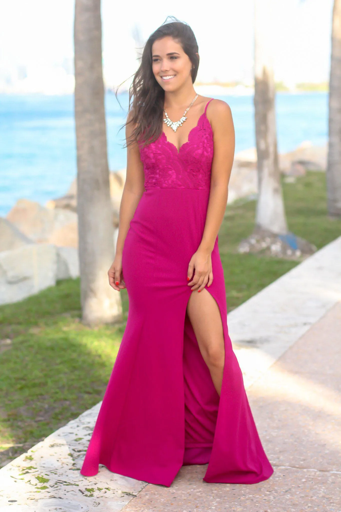 Magenta Sleeveless Crochet Top Maxi Dress with Side Slit