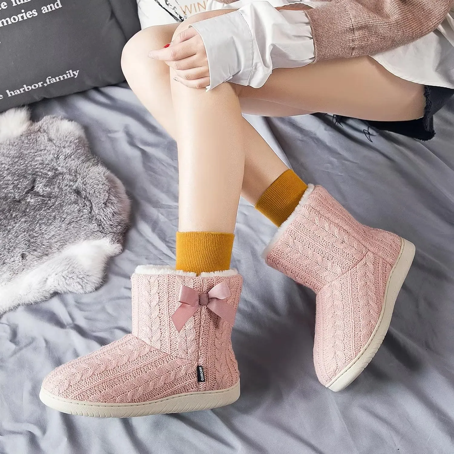 Memory Foam Pink Plush Knit Furry Bootie Slippers