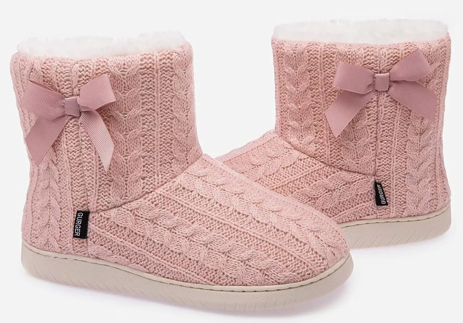 Memory Foam Pink Plush Knit Furry Bootie Slippers