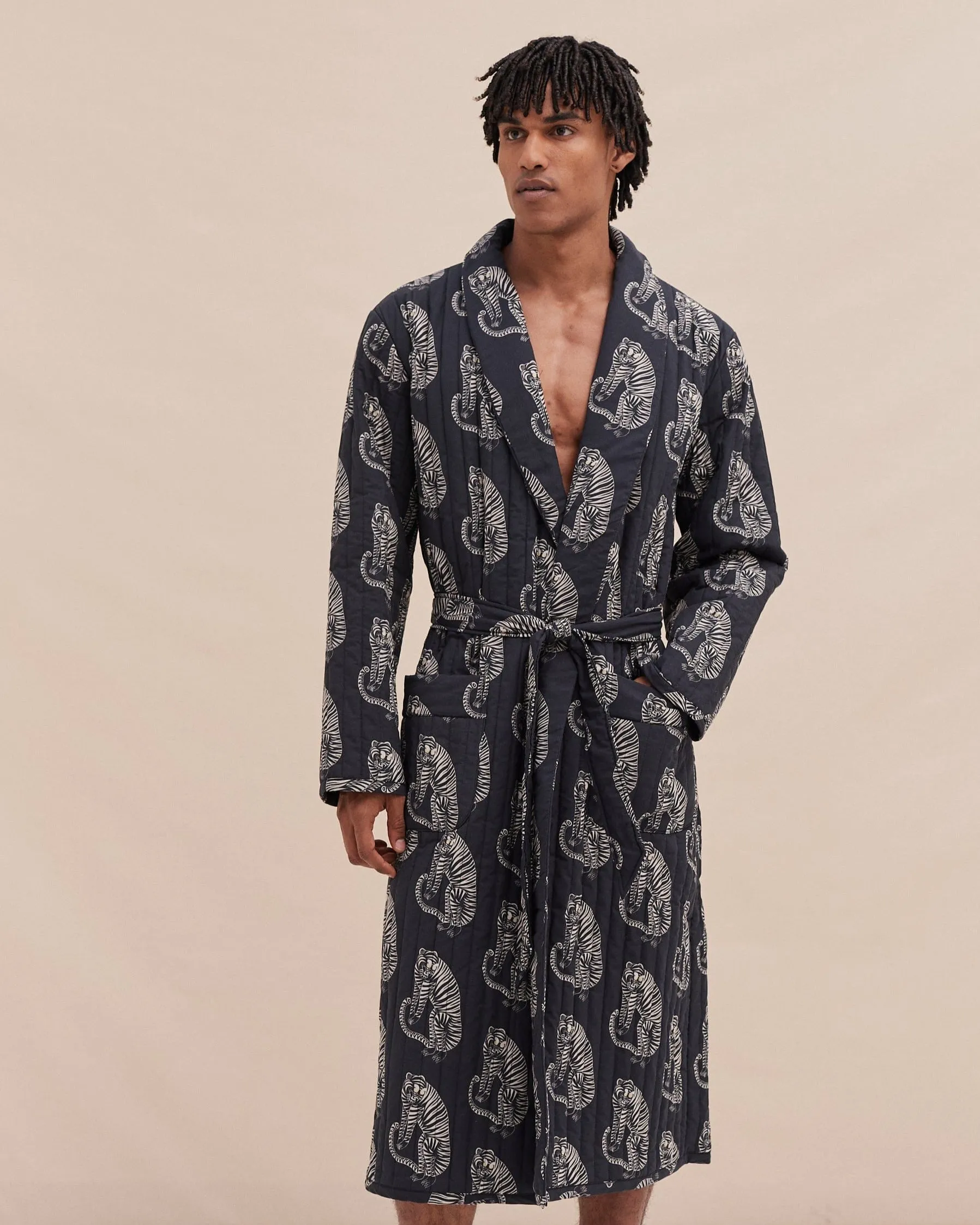 Men’s Quilted Robe Sansindo Tiger Print Black/Cream