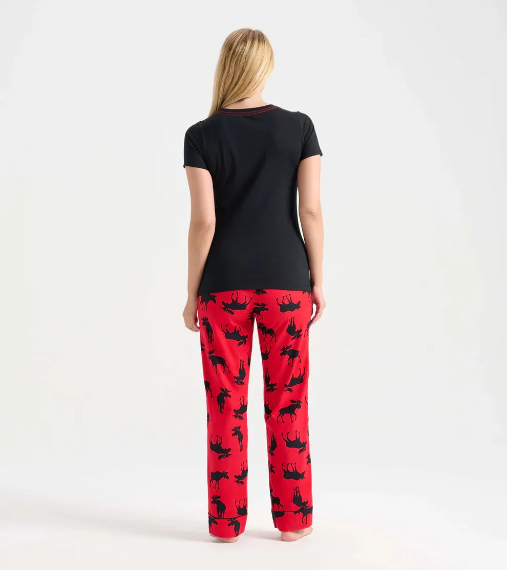 Moose on Red Women's Jersey Pajama Pants