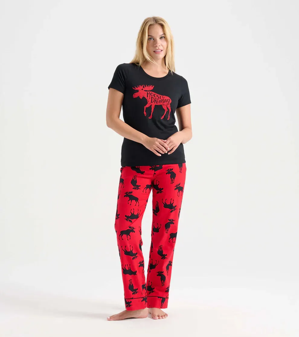 Moose on Red Women's Jersey Pajama Pants