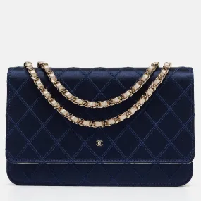 Navy Blue Quilted Satin Wild Stitch Classic WOC Bag