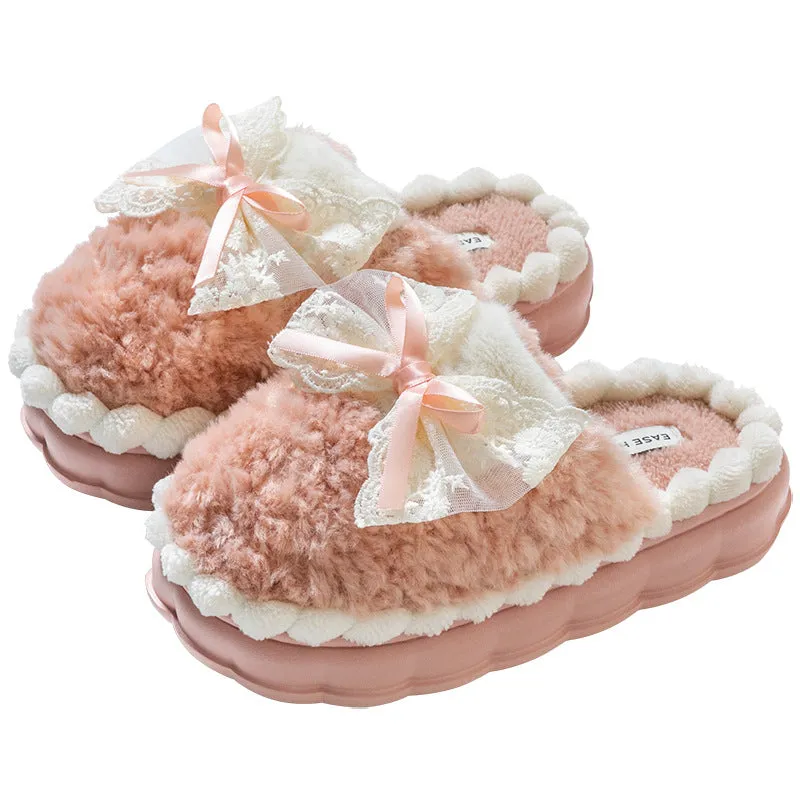 Platform Slippers with Lace Bow for Women