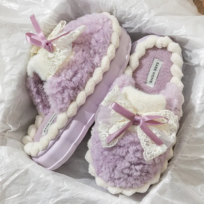 Platform Slippers with Lace Bow for Women